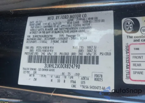 2012 Lincoln Mkz z USA, uszkodzony, nr VIN 3LNHL2JC0CR824790